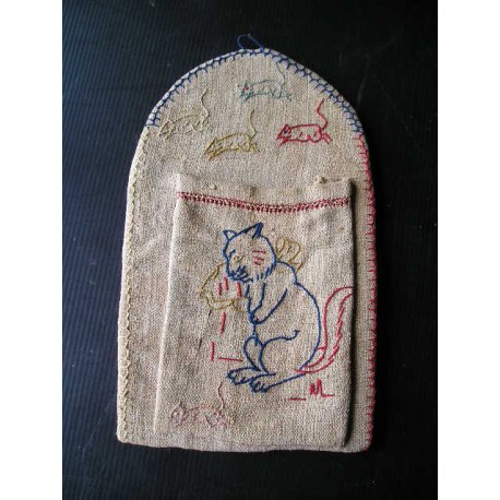 Vide poche ancien, chanvre motif chat