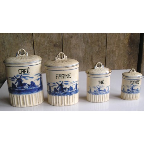Série de pots à épice motif Moulin bleu, très anciens