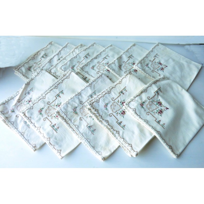 Lot De 4 Serviettes De Table Anciennes En Coton - Vert D'eau - Vintage