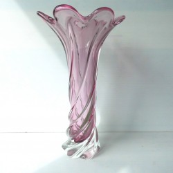 Vase ancien mauve, fleur, 37cm,  cristallerie d'Aubusson