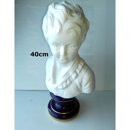 Buste enfant 40cm - Porcelaine de Limoges, bleu et or, MNP, biscuit