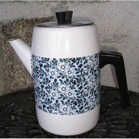 Cafetière métallique, fleurs bleues, vintage