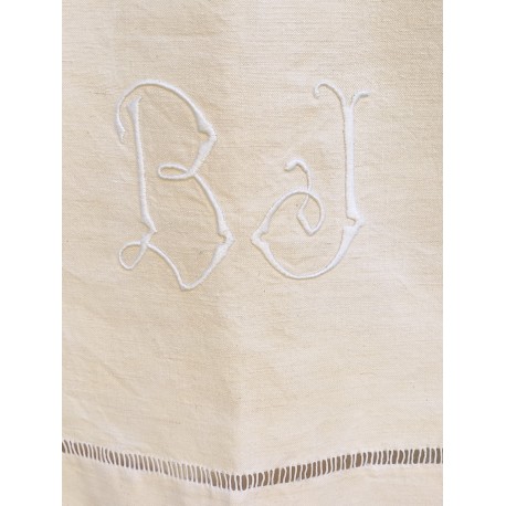 Drap ancien monogramme BJ, épais coton 3x2,10m