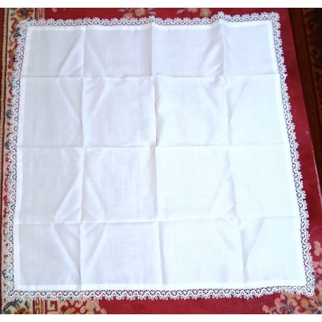 Jolie nappe ancienne LINON et dentelle, blanche, 90cmx90cm