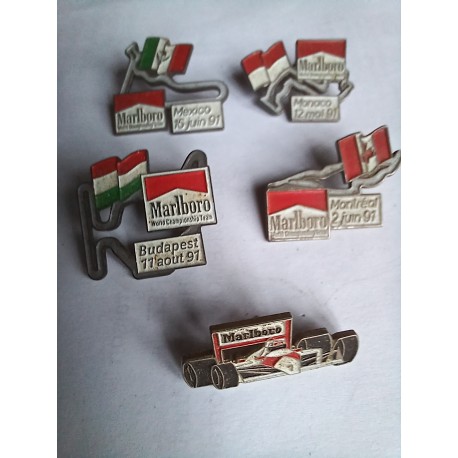 5 Pin's MARLBORO grand prix 1991 Monaco, Mexico, Monréal, Budapest