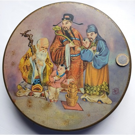 Grande boite ancienne bonbons COQ BLANC, motif asiatique 25cm