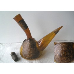 Porron ancien, pièces de cuir (?) "Vino" et bouchon bois