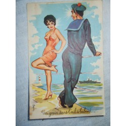 Carte postale ancienne marin et pin-up, année 60